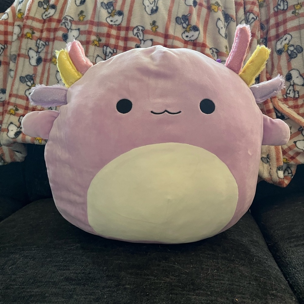 Squishmallow purple axolotl with white, yellow and pink, 18 inches